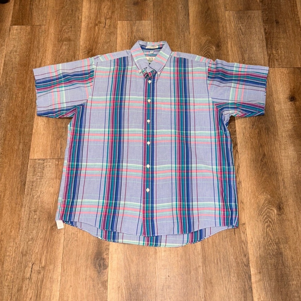 Vintage 417 by Van Heusen Mens Large Short Sleeve Plaid Button Down  Blue Teal